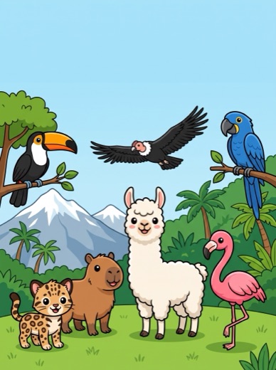 Cover art for Animals of Bolivia: a toucan and a macaw on branches, a condor in flight, the tilcayo, a capybara, a llama and a flamingo