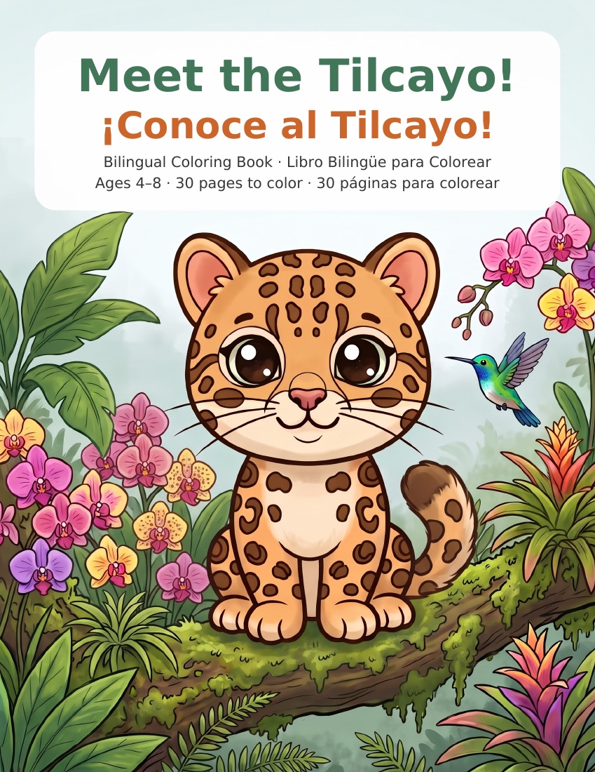 Cover of Meet the Tilcayo! / ¡Conoce al Tilcayo!: a spotted kitten sitting on a mossy branch among orchids